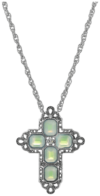 Women's Pewter Rectangle Blue Ab Crystal Cross Chain Necklace
