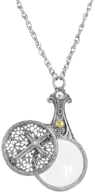 Pewter Crystal Cross Sliding Magnifier 30" Pendant