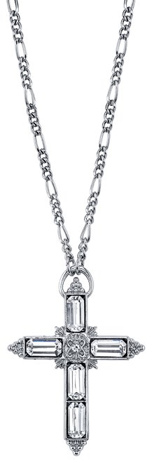 Silver Tone Large Crystal Cross Pendant Necklace 28"