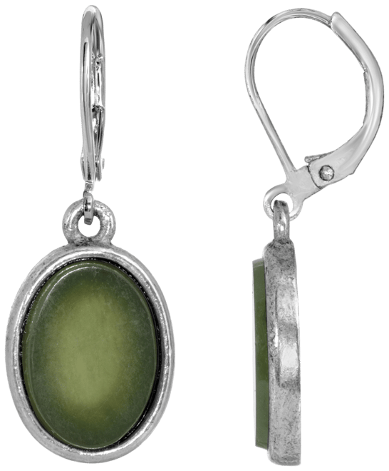 Silver-Tone Semi Precious Jade Oval Flat Drop Earrings
