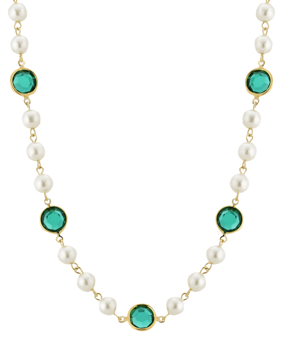 Gold-Tone Imitation Pearl with Dark Green Channels 16" Adjustable Necklace