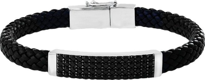Effy Men's Black Spinel Braided Leather Bracelet in Sterling Silver