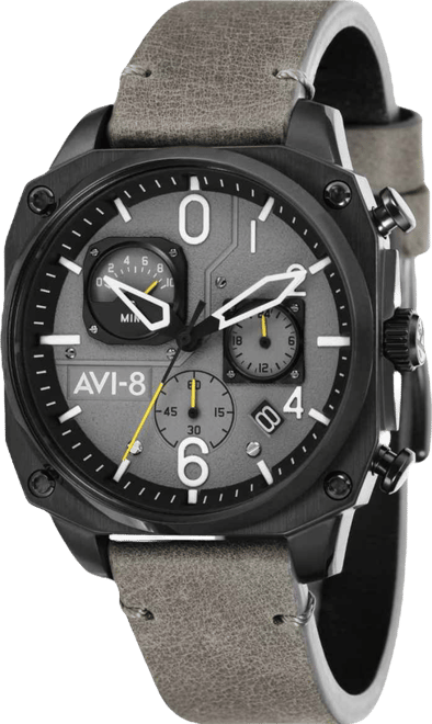 Men's Hawker Hunter Chronograph Retrograde Edition Gray Genuine Leather Strap Watch 45mm