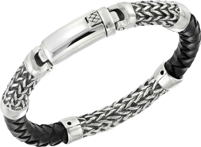 Smith Black Leather Bracelet in Stainless Steel