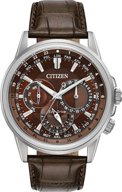 Eco-Drive Men's Calendrier Brown Leather Strap Watch 44mm