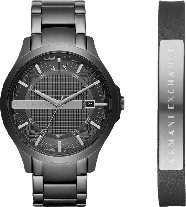 Men's Black Stainless Steel Bracelet Watch Gift Set 46mm