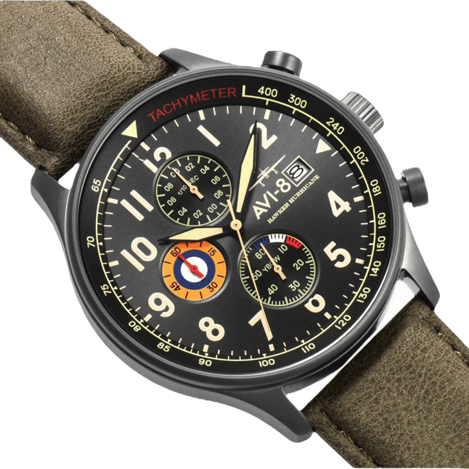 Men's Hawker Hurricane Chronograph Army Green Genuine Leather Strap Watch 42mm