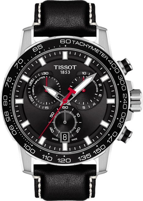 Men's Swiss Chronograph Supersport T-Sport Black Leather Strap Watch 46mm
