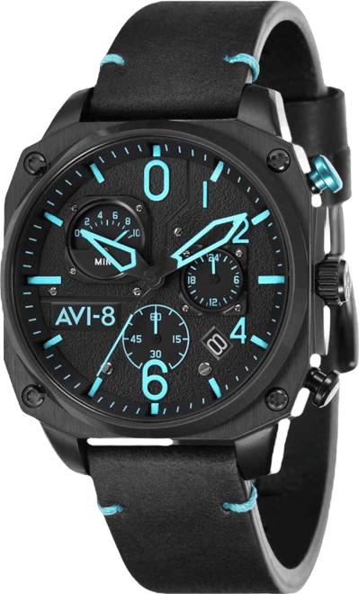 Men's Hawker Hunter Chronograph Retrograde Edition Black Genuine Leather Strap Watch 45mm
