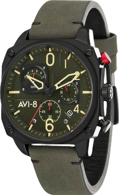 Men's Hawker Hunter Chronograph Retrograde Edition Black Genuine Leather Strap Watch 45mm