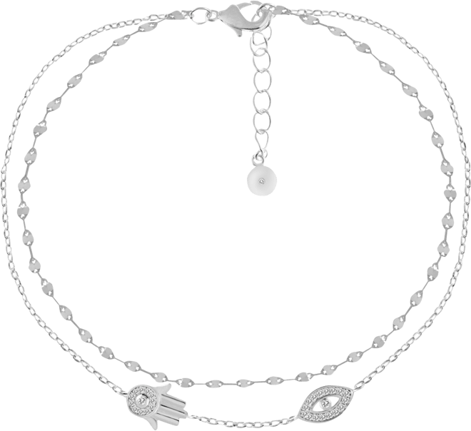 Double Row Cubic Zirconia Hamsa Hand and Evil Eye Anklet in Silver Plate