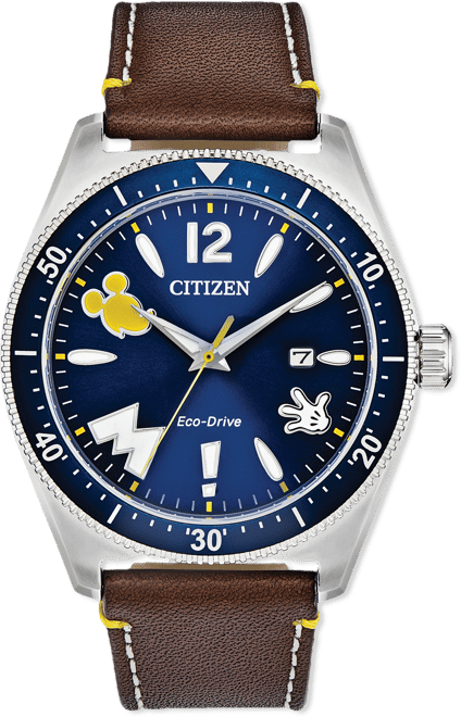 Disney by  Mickey Mouse Classic Brown Leather Strap Watch 43mm