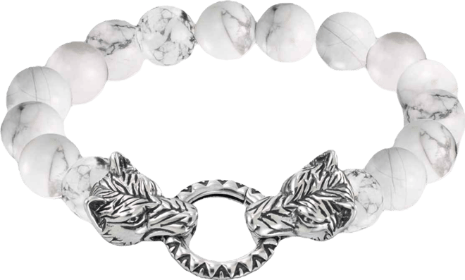 Men's Tiger's Eye Bead Wolf Head Stretch Bracelet in Stainless Steel (Also in Onyx & White Agate)