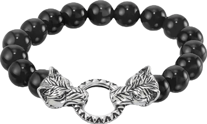 Men's Tiger's Eye Bead Wolf Head Stretch Bracelet in Stainless Steel (Also in Onyx & White Agate)