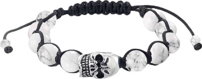 Men's Onyx Bead Skull Bolo Bracelet in Stainless Steel (Also in Tiger's Eye & White Agate)