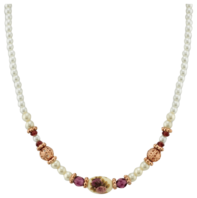Rose Gold-Tone Simulated Pearl Purple Crystal Flower Beaded Necklace 15" Adjustable