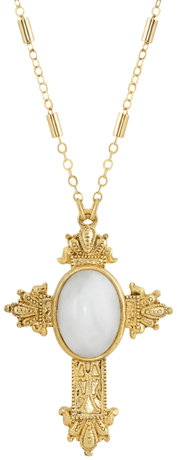 14K Gold Dipped Oval Semi Precious Genuine White Quartz Cross 28" Necklace