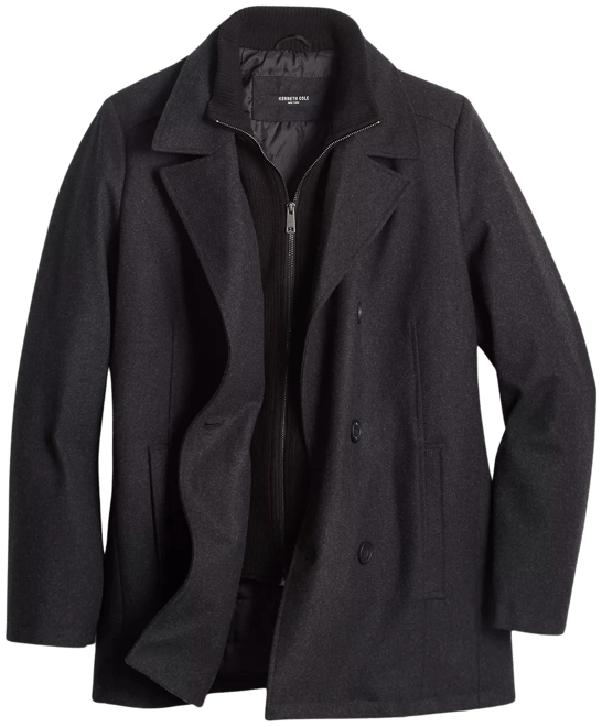 Kenneth Cole Men's Double Breasted Wool Blend Peacoat with Bib