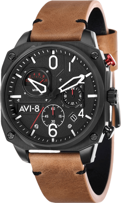 Men's Hawker Hunter Chronograph Retrograde Edition Brown Genuine Leather Strap Watch 45mm