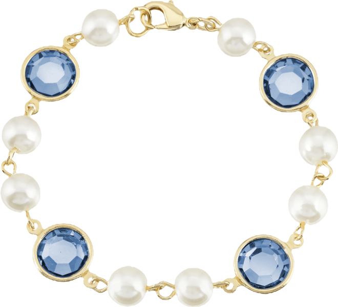Gold-Tone Imitation Pearl with Dark Blue Channels Link Bracelet
