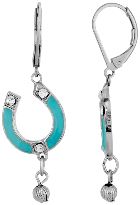Silver-Tone Enamel with Crystal Accents Horsehoe Drop Earrings