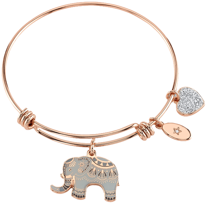 "All Good Things are Wild and Free" Elephant Charm Adjustable Bangle Bracelet in Rose Gold-Tone Stainless Steel with Silver Plated Charms -
