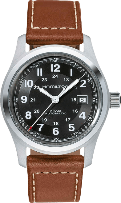 Men's Swiss Automatic Khaki Field Brown Leather Strap Watch 42mm H70555533