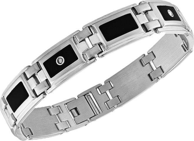 Men's Diamond (1/8 ct. t.w.) & Black Enamel Bracelet in Stainless Steel