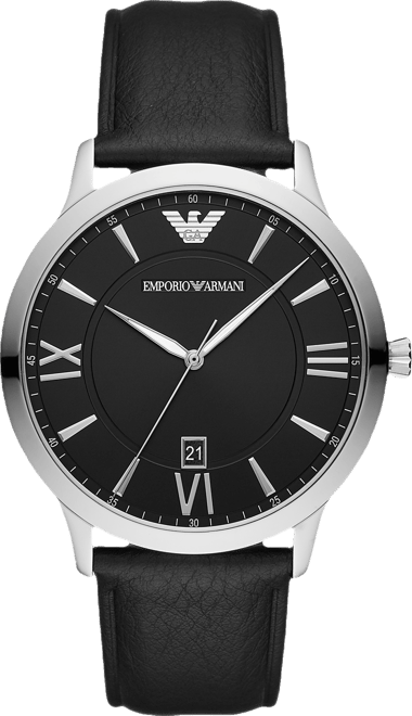 Men's Black Leather Strap Watch 44mm