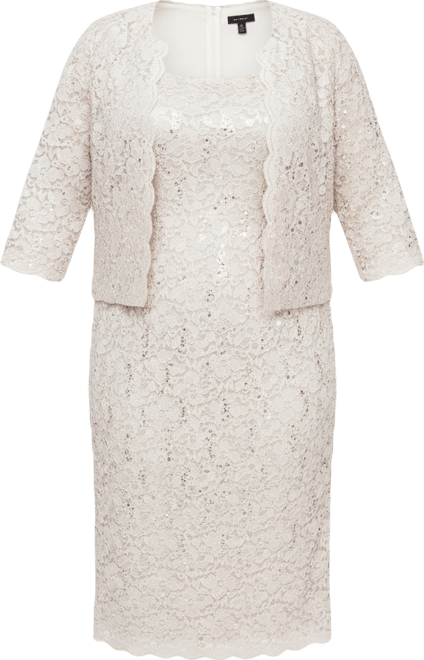 sl fashion dress and jacket SL Fashion Boat Neck Sleeveless Embellished Fit & Flare Keyhole Back Zipper  Back Lace Dress with Open Front Elbow Length Sleeve Cascade Front Chiffon  Jacket| Available at Curated Brands in Los Angeles main image 0