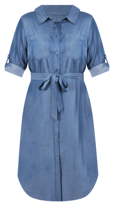 Denim Shirt Dress with Belt & Roll Tab Sleeve Detail