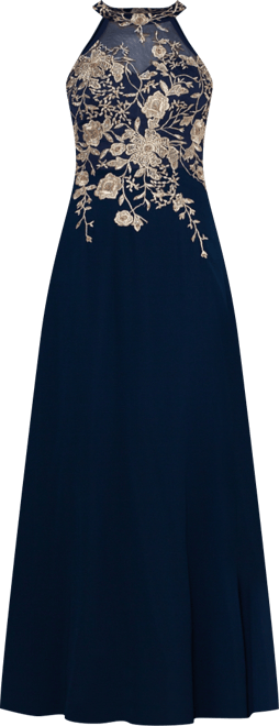 Petite Sleeveless Floral-Applique Illusion Gown