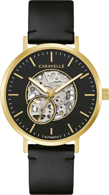 Designed by Bulova Men's Automatic Black Leather Strap Watch 39.5mm