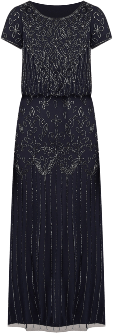 Women's Beaded Short-Sleeve Sheer-Overlay Gown