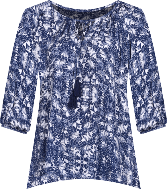 Plus Size 3/4 Sleeve Peasant Top with Tie Neckline