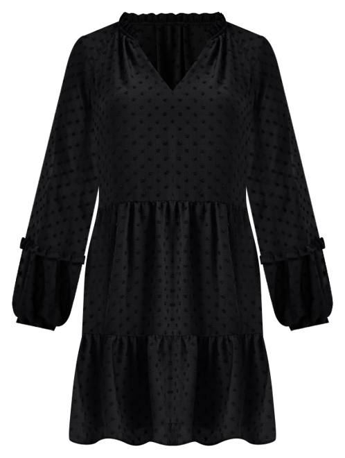 Women's Long Sleeve V-Neck Ruffled Clip-Dot Dress
