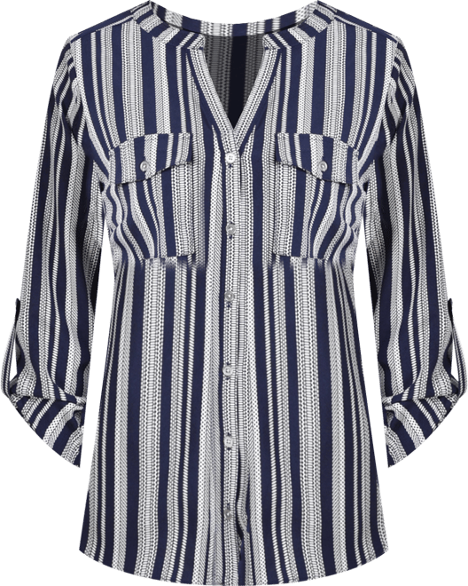 Petite 3/4 Sleeve Roll Tab Y Neck Blouse