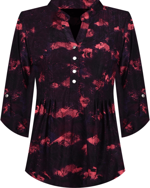 Petite 3/4 Roll Tab Sleeve Printed Pintuck Top