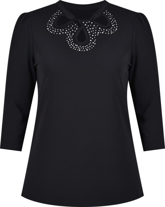 Petite 3/4 Sleeve Knit Crepe Studded Keyhole Top