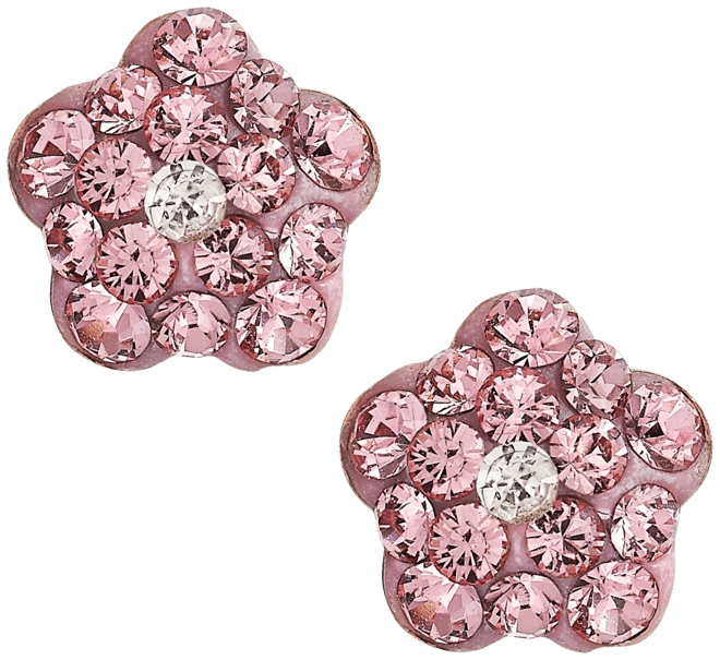 Children's Pink Crystal Flower Stud Earrings in 14k Gold