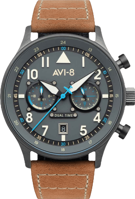 Men's Hawker Hurricane Carey Dual Time Orissa Beige Genuine Leather Strap Watch 43mm