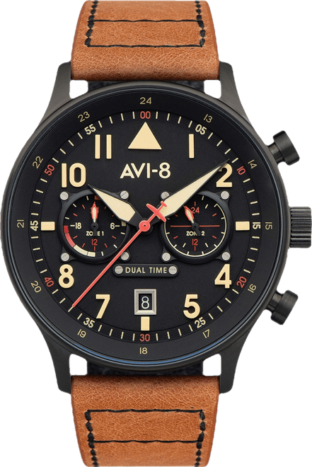 Men's Hawker Hurricane Carey Dual Time Debden Brown Genuine Leather Strap Watch 43mm