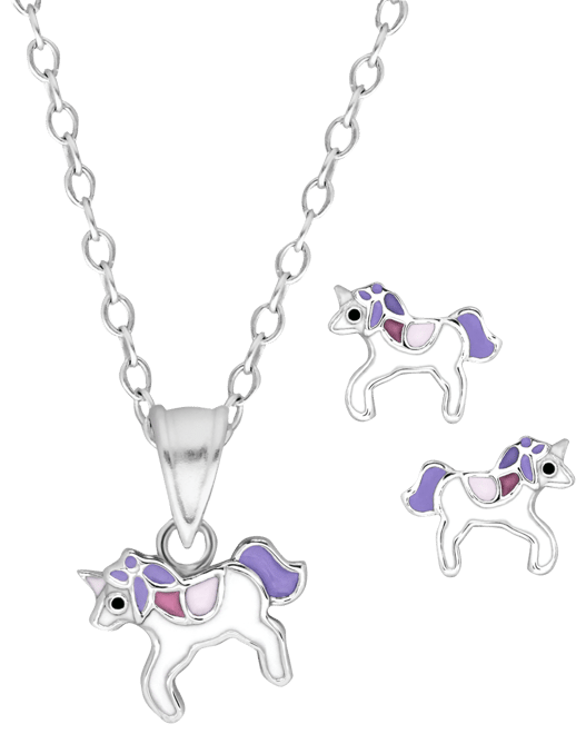 Rhona Sutton 4 Kids Children's Purple Unicorn Pendant Stud Earrings Set in Sterling Silver - Silver