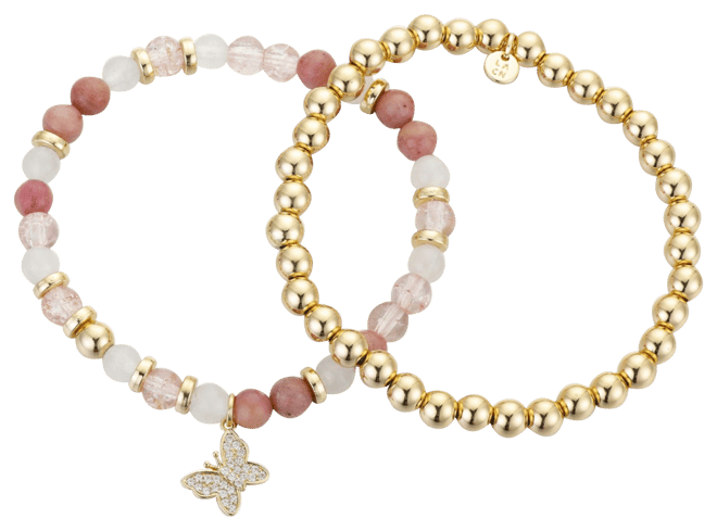 Unwritten 14K Gold Flash-Plated Pink Stone And Gold Bead Butterfly Bracelet  Duo - Macy's