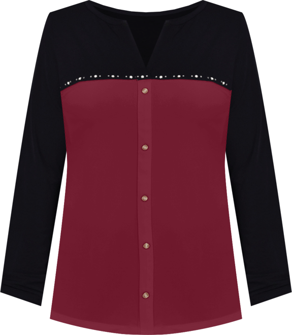 Women's Studded Color Blocked Split Neck Top