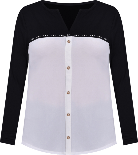 Petite Long Sleeve Studded Colorblocked Split Neck Top