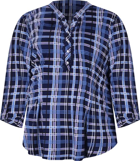 Plus Size Long Sleeve Roll Tab Sleeve Plaid Y-Neck Top