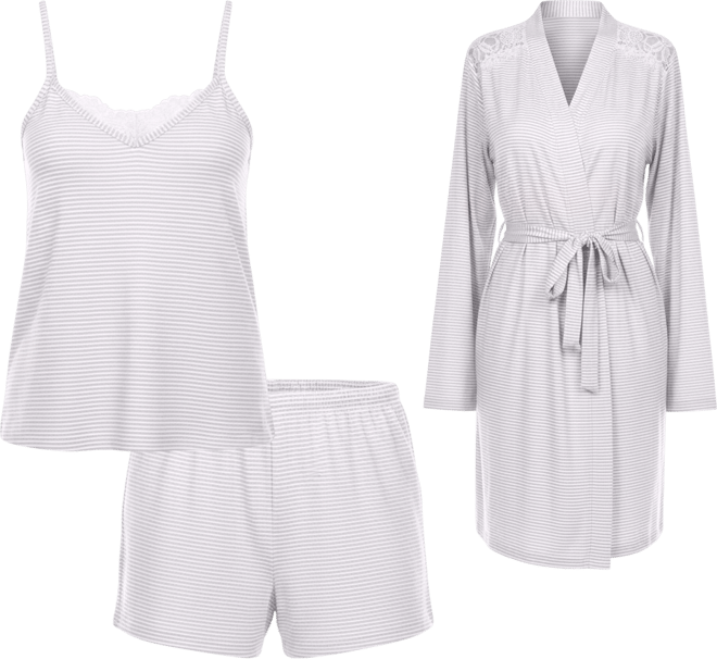 Women's 3 Piece Striped Pajama Robe Set