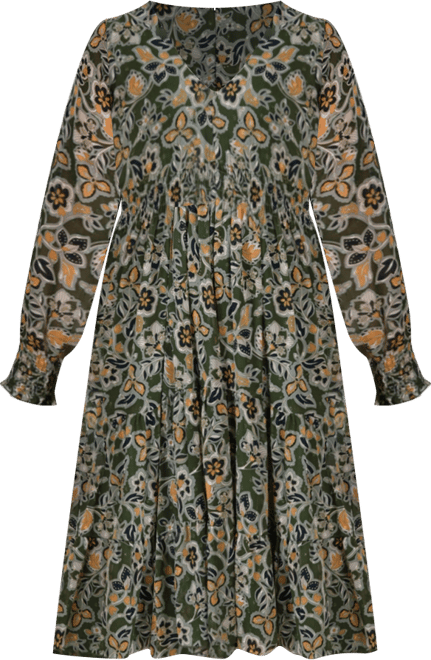 Women's Long Sleeve Clip Dot Chiffon Dress with Smocked Waist and Cuffs Dress