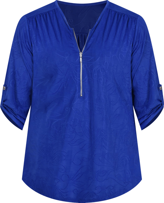 Petite 3/4 Roll Tab Zip Front Jacquard Knit Top